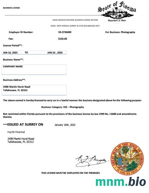 USA Florida business license Word i szablon PDF